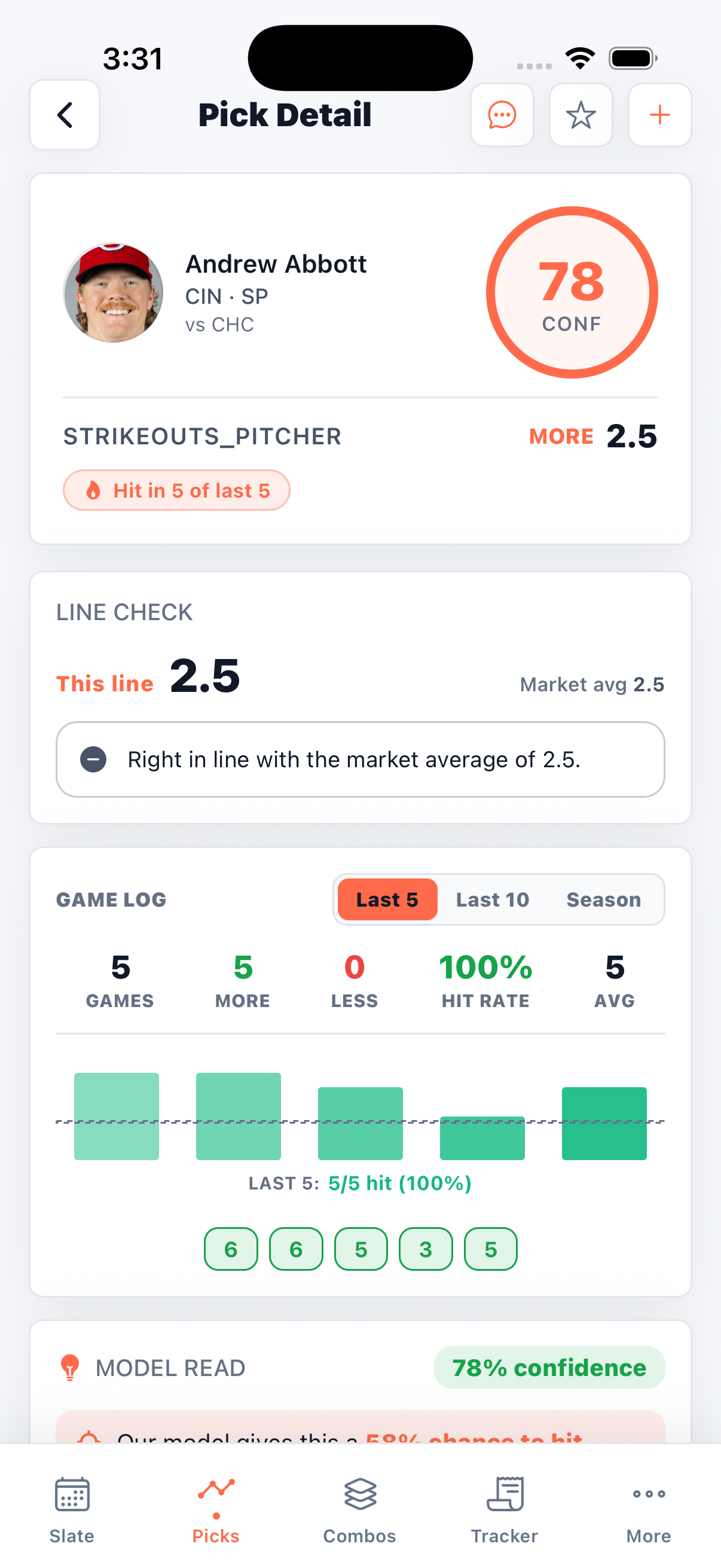 Propeller mobile app showing Andrew Abbott pick detail, confidence score, line comparison, and recent game performance
