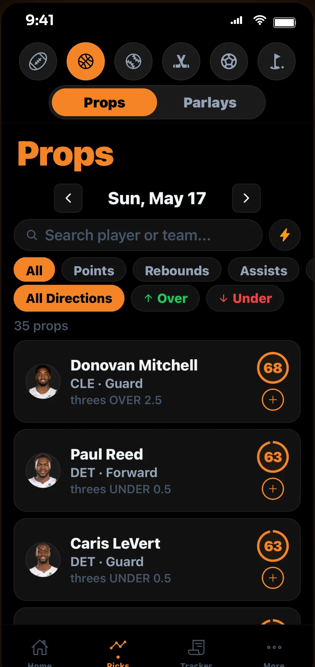 Propeller Picks mobile app Props screen